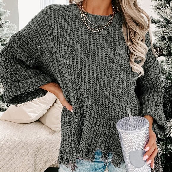 B008 Gray Ripped Raw Hem Chunky Pullover Sweater - Picture 4 of 4